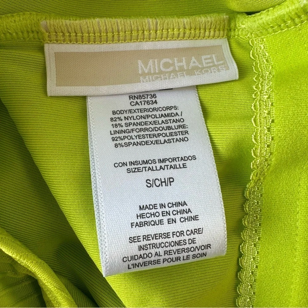 Michael Kors Vibrant Lime Green Ribbed One-Piece Swimsuit, Gold Accents, Small